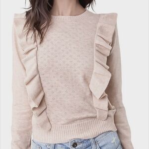 LIKE NEW ⭐Knit Crew Neck in Oatmeal with Ruffle Frills Women's Sweater Size S/M